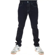 Jean G-Star pour homme en coton stretch indigo foncé, avec surpiqûres blanches contrastantes et braguette boutonnée à cinq poches classiques.