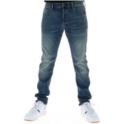 Jean G-Star homme 51001, coupe slim, en denim brut, braguette boutonnée, doublure en coton stretch et étiquette marron.