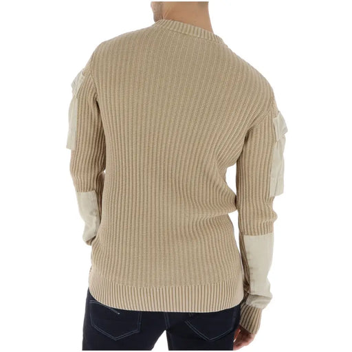 Pull long en maille beige en coton pour homme G-Star, à texture côtelée et empiècements crème aux épaules et aux poignets.