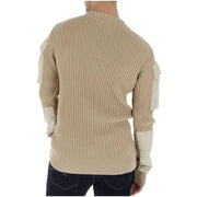 G-Star men knitwear beige long cotton sweater with ribbed texture and cream patch panels on shoulders and cuffs