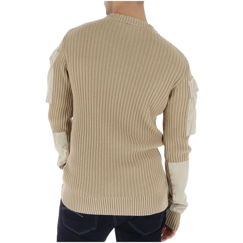 G-Star men knitwear beige long cotton sweater with ribbed texture and cream patch panels on shoulders and cuffs