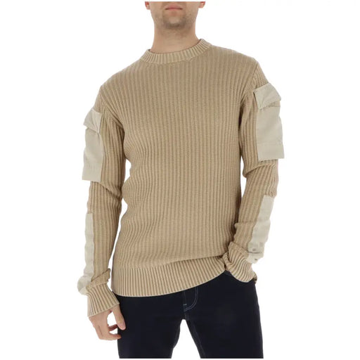 Pull long en maille beige en coton pour homme G-Star, à texture côtelée et empiècements écru sur les manches.