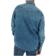 Chemise homme G-Star en denim bleu à manches longues, présentant un empiècement dos style western classique et des poignets boutonnés.
