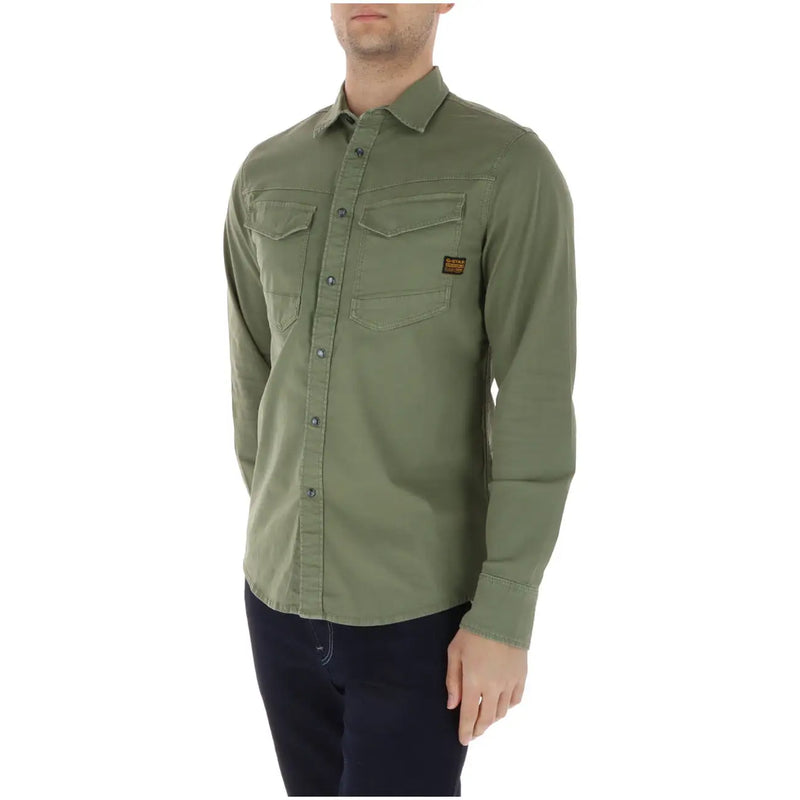 G-star men shirt olive green long-sleeved button-up with two chest pockets and brand patch on left side