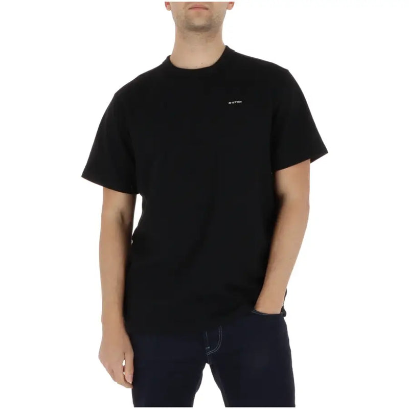 T-shirt noir à manches courtes et col rond t-shirt T-shirt homme en coton biologique avec petit logo blanc sur la poitrine gauche, signé G-Star.