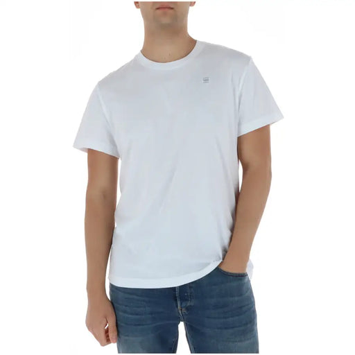 G-Star blanc pour hommes t-shirt avec col rond, manches courtes, 100 % coton et logo discret sur la poitrine