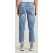 Jean G Star pour femme en denim bleu clair, coupe droite classique, ourlets roulés, en coton stretch.