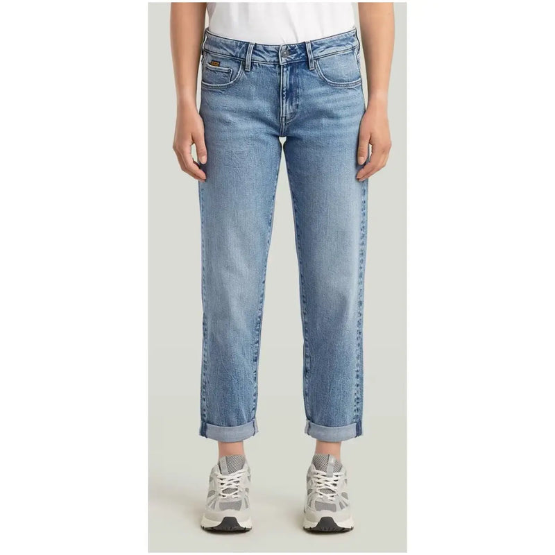 Jean en denim stretch de coton délavé clair de G Star pour femme, coupe droite décontractée et ourlets roulés.