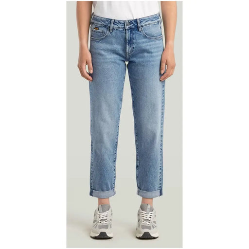 Jean en denim stretch de coton délavé clair de G Star pour femme, coupe droite décontractée et ourlets roulés.