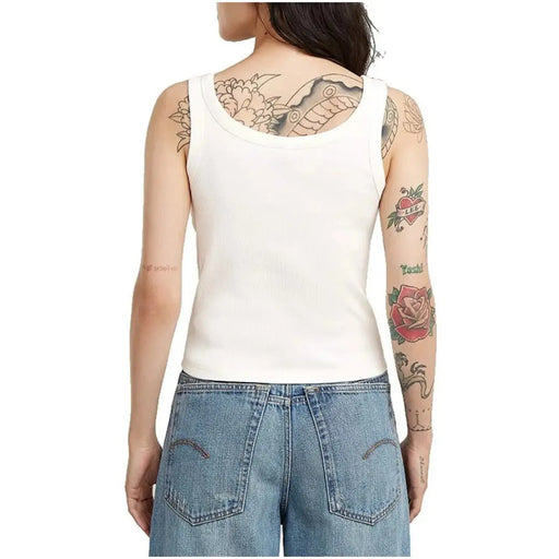 Débardeur en coton côtelé blanc top vue de face d'un modèle à col rond et sans manches de la collection femme G-Star
