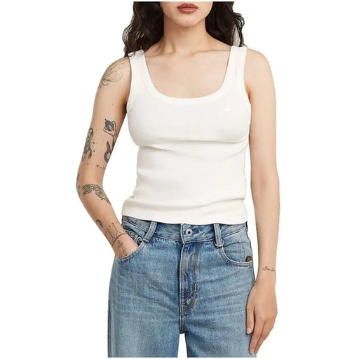 Débardeur en coton côtelé blanc top avec un décolleté carré et une coupe sans manches de la collection femme G-Star