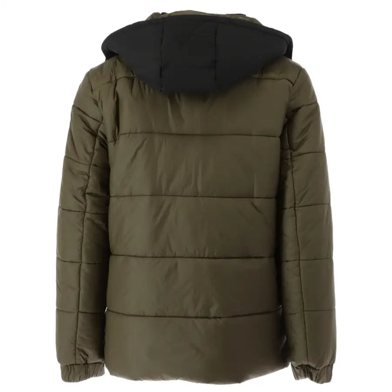 Olive green quilted puffer jacket with black hood by Gaelle Paris designed for men