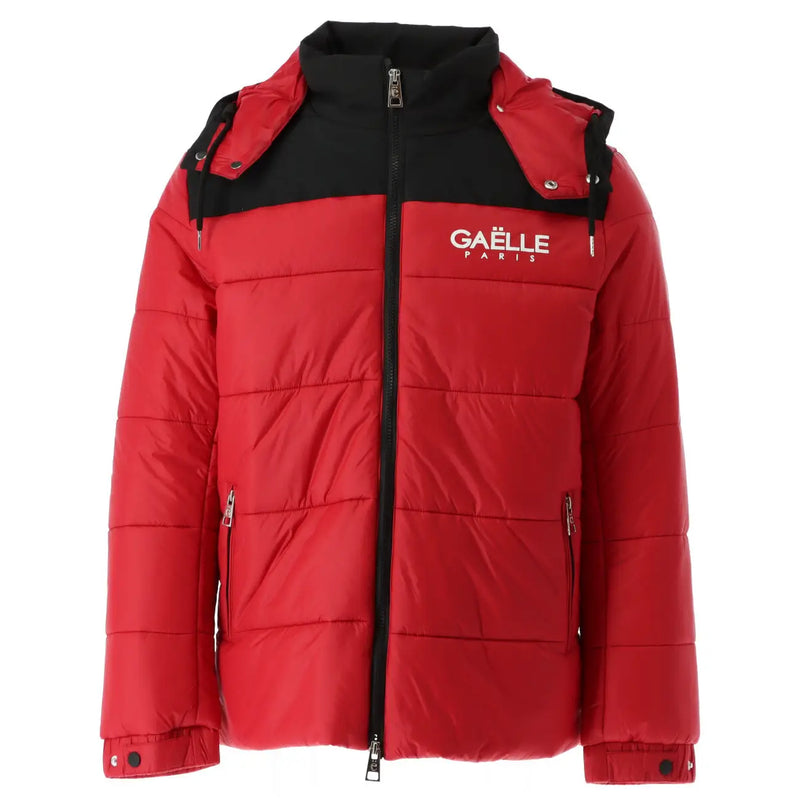 Doudoune matelassée rouge et noire en polyester avec capuche et logo Gaëlle Paris sur la poitrine pour homme gbu2520