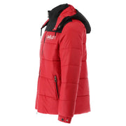 Doudoune matelassée rouge pour homme Gaelle Paris en polyester, avec bordure de capuche noire et logo sur la poitrine, fermeture éclair.