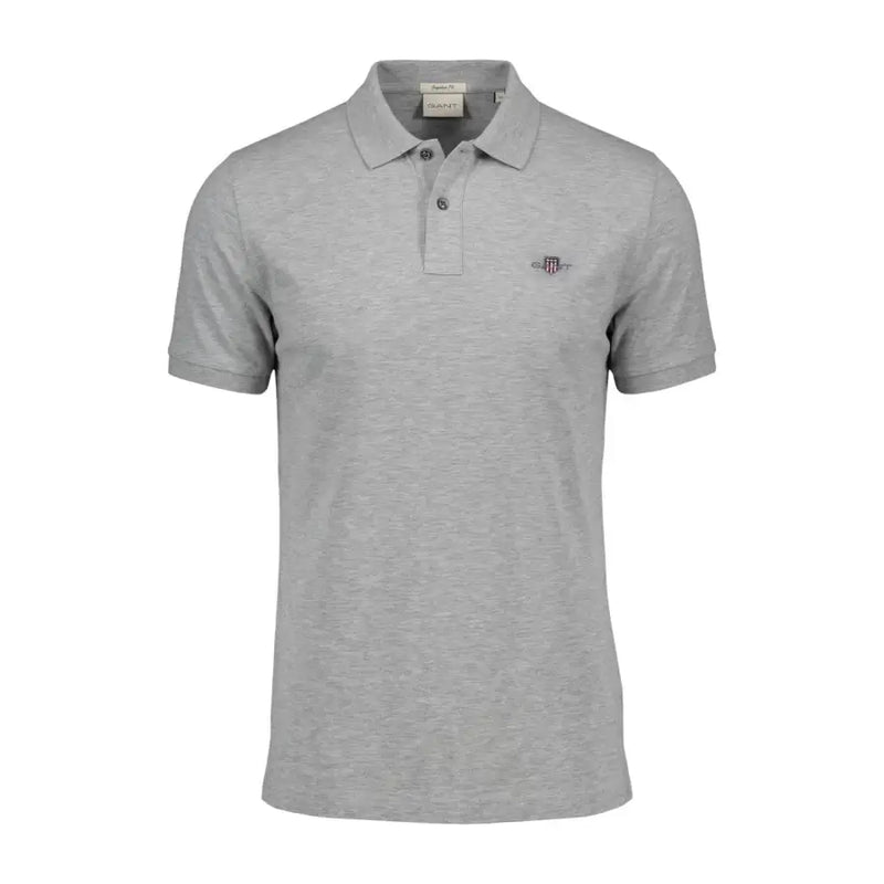 Polo homme Gant gris chiné en coton stretch, col classique, manches courtes et logo brodé sur la poitrine