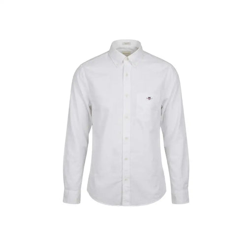 Chemise blanche à manches longues en coton de la marque Gant, ornée d'un logo brodé discret sur la poitrine gauche, pour homme.