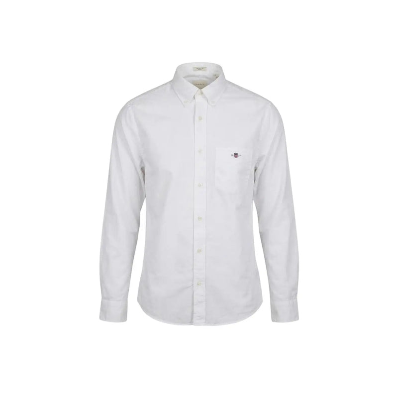 White long-sleeved cotton shirt by Gant featuring a subtle embroidered logo on the left chest for men