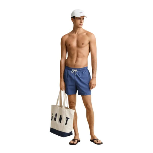 Short de bain homme Gant bleu clair en polyamide avec cordon de serrage blanc et ceinture élastique