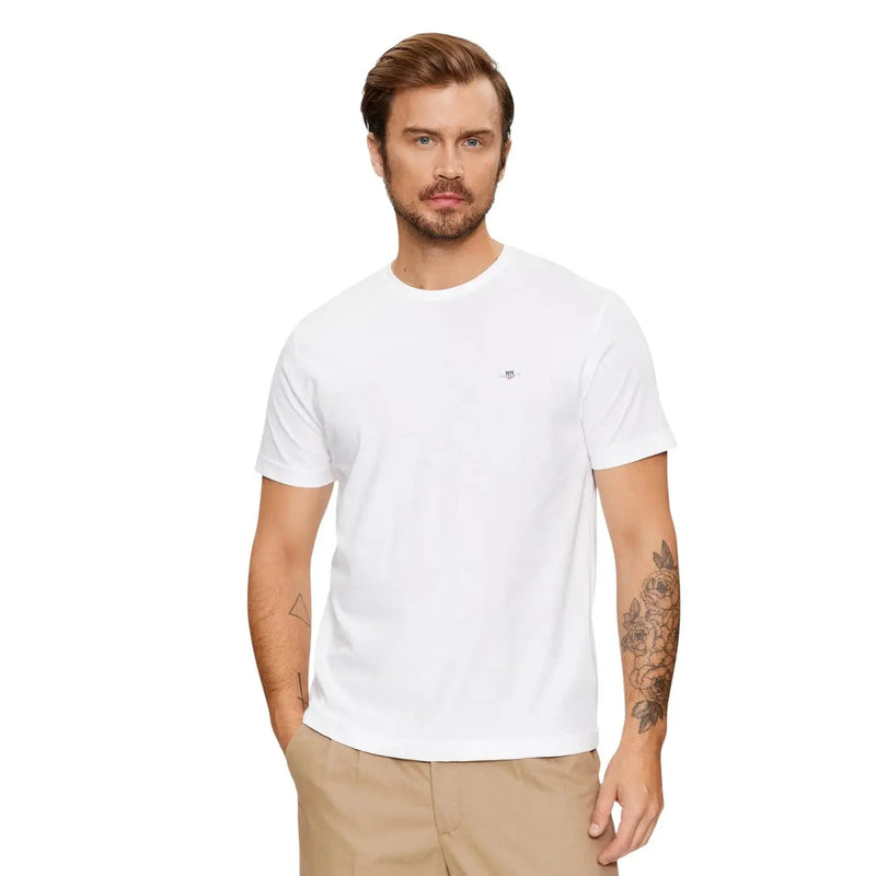 Gant men t shirt white round neck short sleeve cotton 100 with small embroidered logo on left chest
