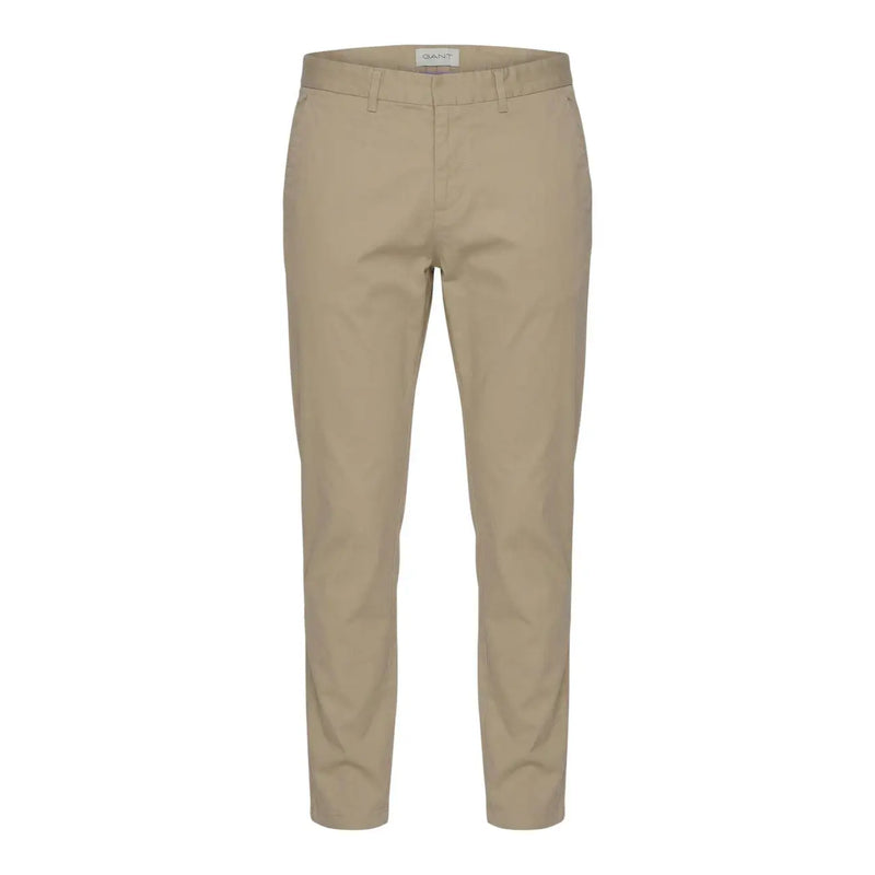 Khaki-colored slim-fit chino trousers by Gant with classic belt loops and subtle brand label at the waistband
