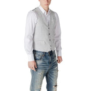 Gianni Lupo black pinstripe linen cotton gilet for men featuring a slim-fit white and black vertically striped vest with button-front closure