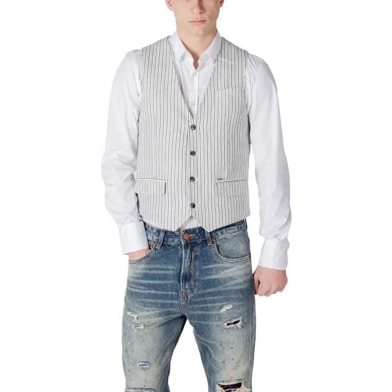 Gianni Lupo black pinstripe linen cotton gilet for men with light gray and white stripes, black buttons, and front pockets