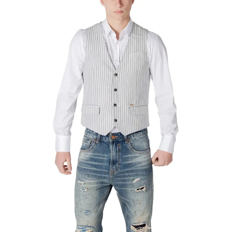 Gianni Lupo black pinstripe linen cotton gilet for men featuring vertical black and white stripes with dark buttons