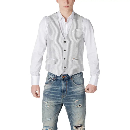 Gianni Lupo black pinstripe linen cotton gilet for men featuring vertical black and white stripes with dark buttons