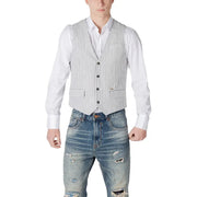 Striped vest with button closure and pockets, white background.