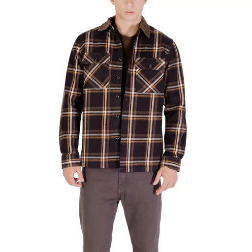 Men’s Gianni Lupo brown checked cotton long sleeve flannel shirt with corduroy collar