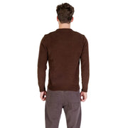Brown v-neck sweater with ribbed cuffs and hem, likely made of cotton or wool.