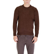 Brown textured sweater with ribbed cuffs and hem, likely made of wool or cotton blend.