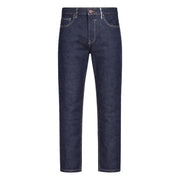 Gianni Lupo Jean carotte pour homme, bleu indigo foncé, surpiqûres claires contrastantes et coupe cinq poches, vue de face