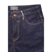 Gianni Lupo Jean carotte pour homme, bleu indigo foncé, surpiqûres claires et bouton en métal marron, vue de face