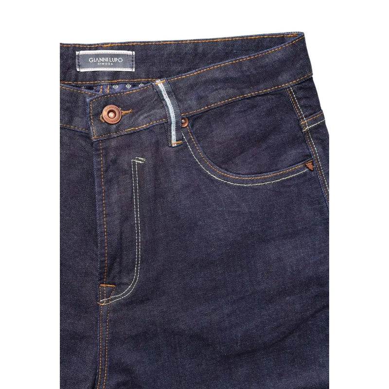 Gianni Lupo Jean carotte pour homme, bleu indigo foncé, surpiqûres claires et bouton en métal marron, vue de face