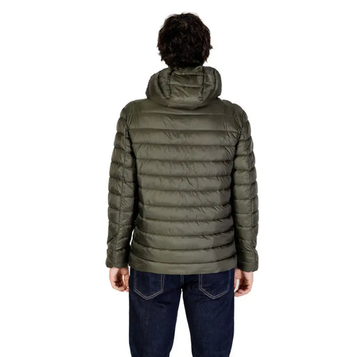 Olive green puffer jacket with hood and quilted design, likely made of synthetic material.