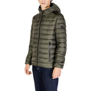 Olive green puffer jacket with hood and zipper details, likely made of synthetic material.