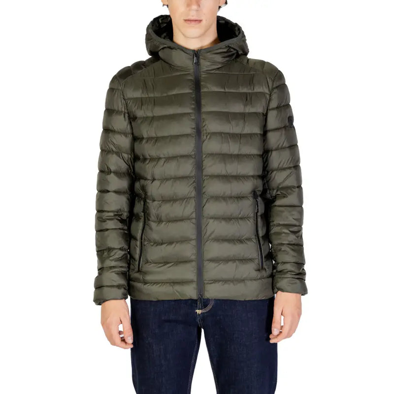 Olive green quilted down jacket with hood and zipper details.