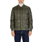 Olive green quilted bomber jacket with ribbed cuffs and collar, likely made of nylon or polyester.