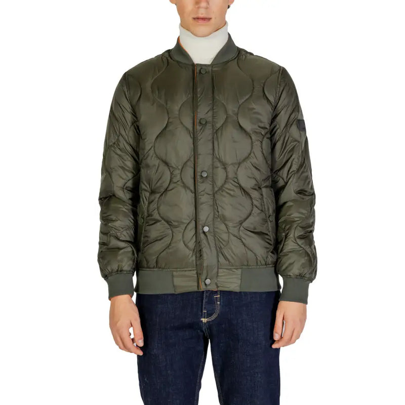 Olive green quilted bomber jacket with ribbed cuffs and collar, likely made of nylon or polyester.