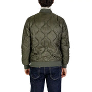Olive green quilted bomber jacket with a high collar and zipper closure.