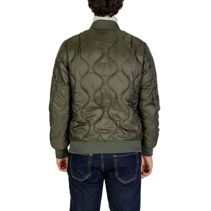 Olive green quilted bomber jacket with a high collar and zipper closure.