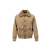 Gianni Lupo Blazer bomber homme beige en similicuir, en toile beige clair, avec col en peau lainée marron peluche et poignets côtelés.