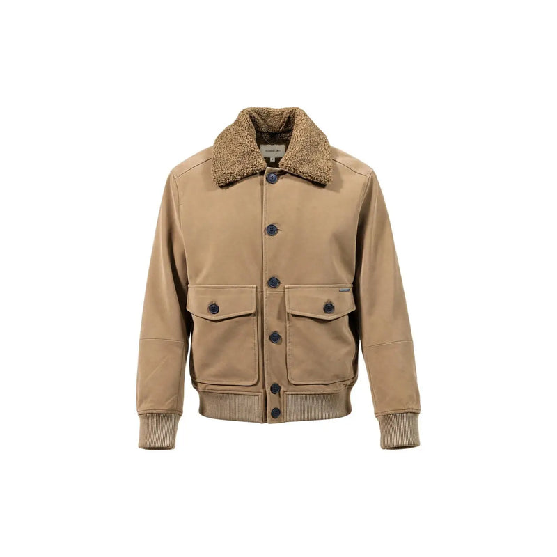 Gianni Lupo Blazer bomber homme beige en similicuir, en toile beige clair, avec col en peau lainée marron peluche et poignets côtelés.