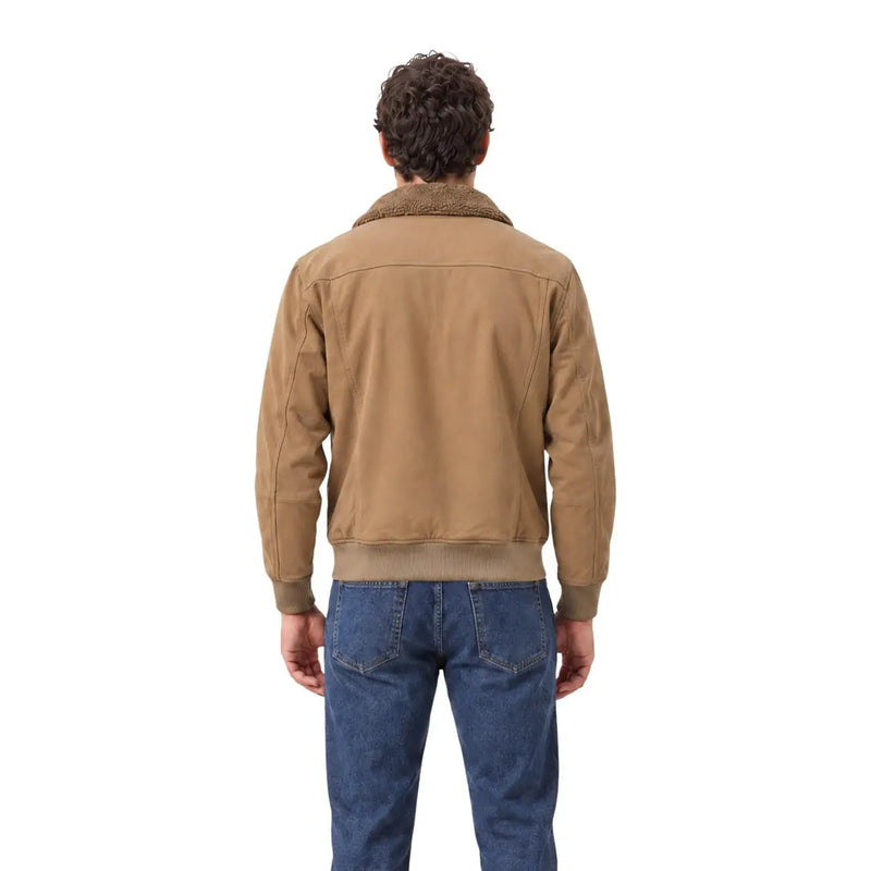 Gianni Lupo Blouson aviateur beige pour homme en similicuir, doublure en peau lainée beige et poignets côtelés, coupe classique.
