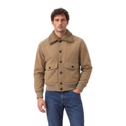 Gianni Lupo Blazer bomber beige pour homme en similicuir, style veste en velours côtelé beige, avec col en peau lainée marron.