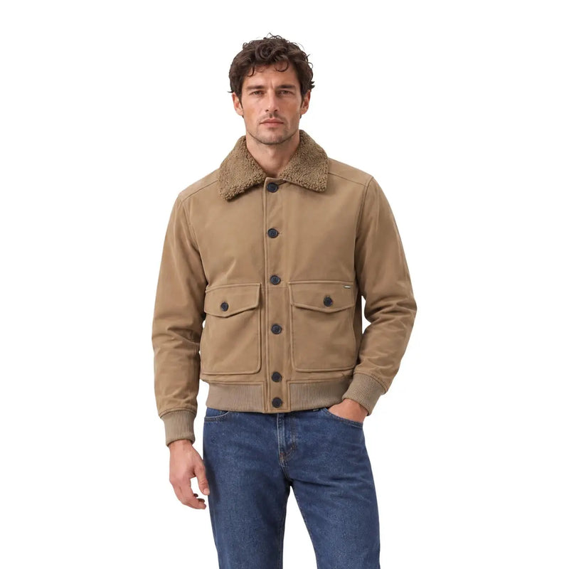 Gianni Lupo Blazer bomber beige pour homme en similicuir, style veste en velours côtelé beige, avec col en peau lainée marron.