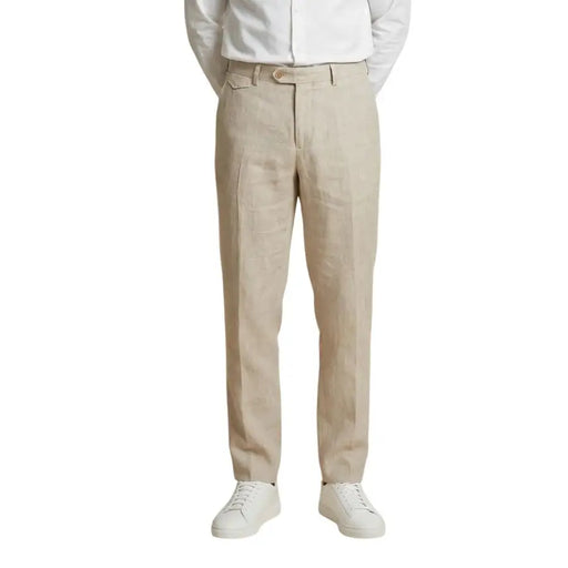 Gianni Lupo Pantalon en lin beige pour homme, coupe droite classique et plis discrets sur le devant, idéal pour le printemps et l'été.