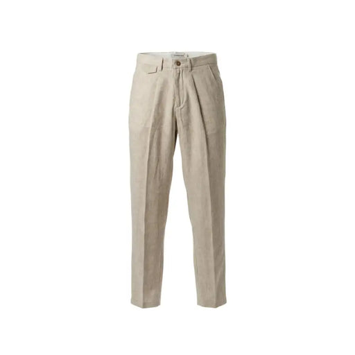 Gianni Lupo Pantalon en lin beige pour homme, coupe chino plissée, fermeture à boutons et passants de ceinture, idéal pour le printemps et l'été.