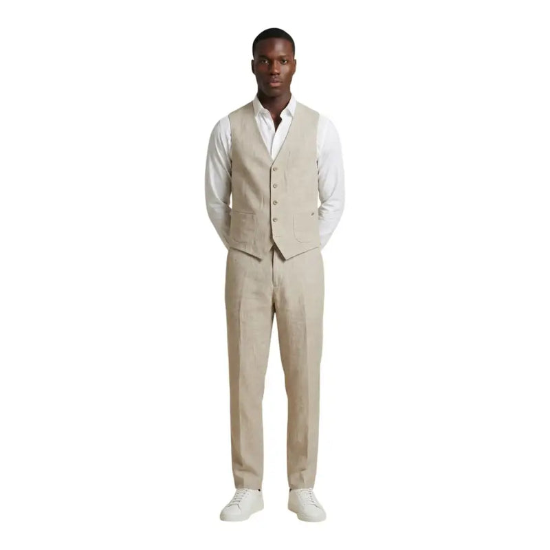 Gilet de costume en lin beige à cinq boutons et deux poches avant de gianni lupo Pantalons en lin beige pour homme, collection printemps-été